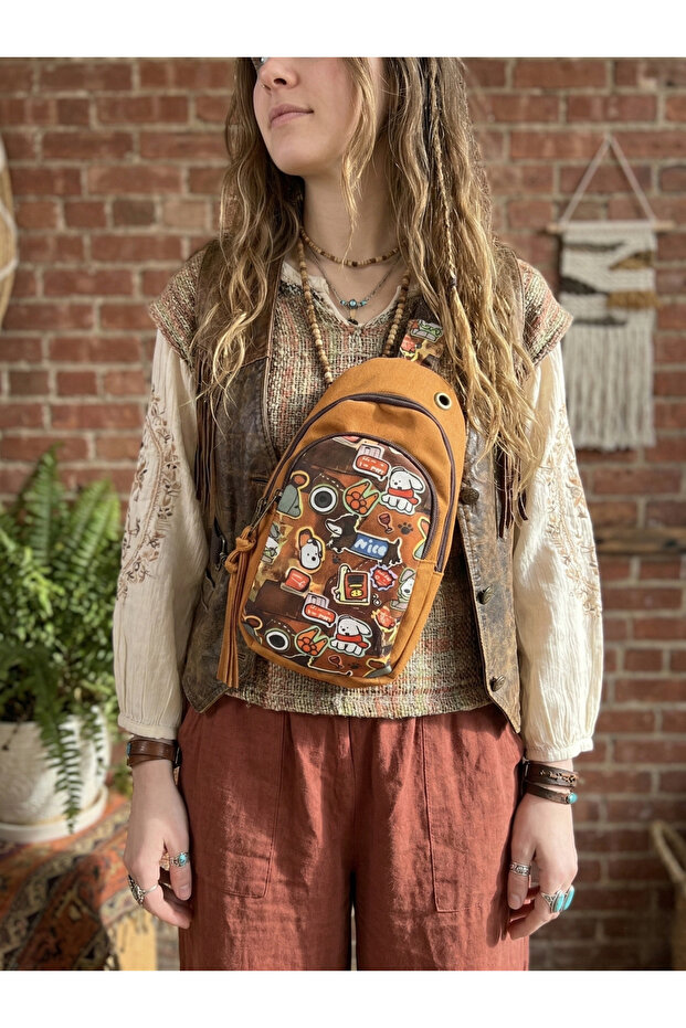 Waterproof Tile Orange Color Cartoon Patterned Days Shoulder Bag Waist Bag