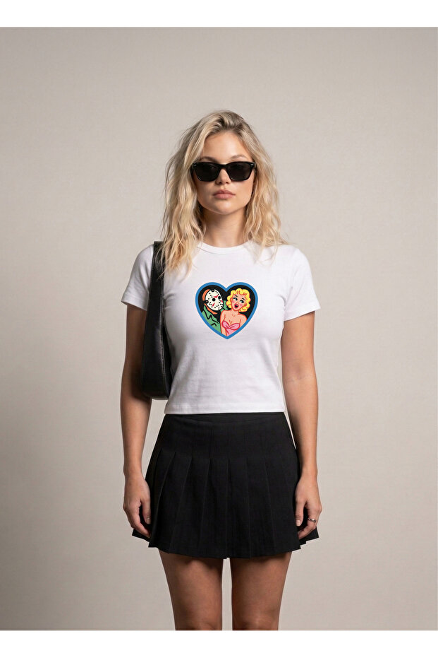 Vintage Valentines Printed Women's Lycra Bodysuit White T-Shirt Short Sleeve Cotton Model