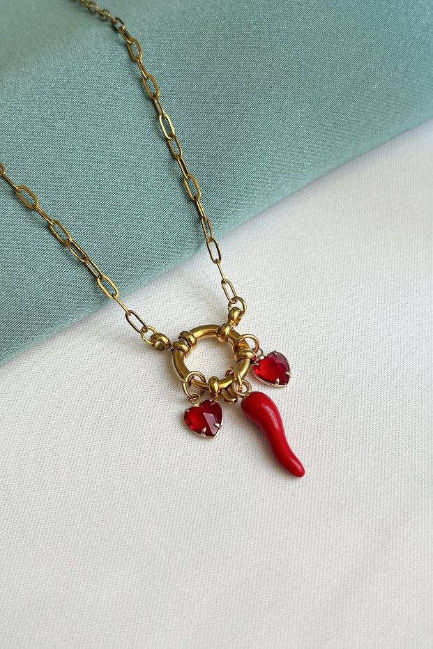 Love & Luck Steel Sailor Clasp Necklace with Pepper and Heart Figures