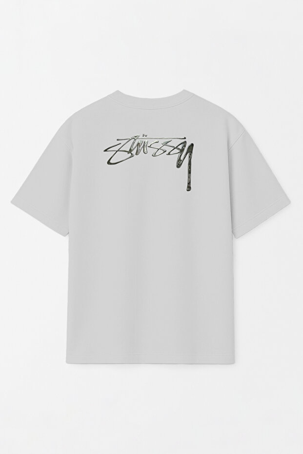 Unisex Stüssy Melted Printed Oversized 100% Cotton Wide Cut Textured Crew Neck Gray T-Shirt