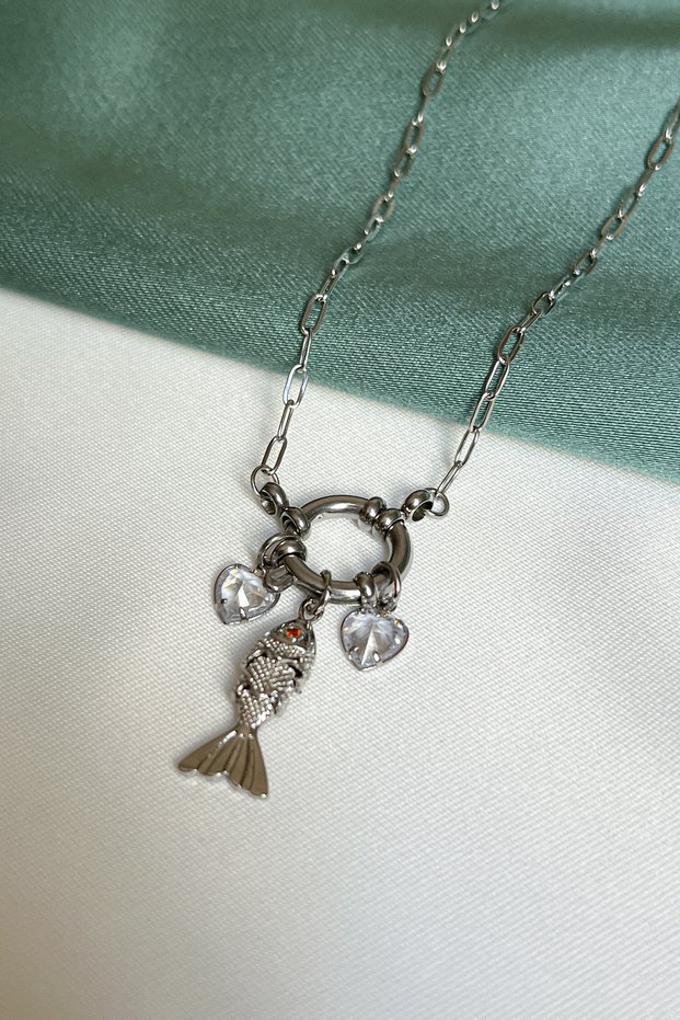 Love & Abundance Moving Fish and Heart Detailed Steel Necklace