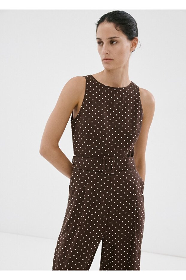 Puantiyeli kemerli keten tulum - 1