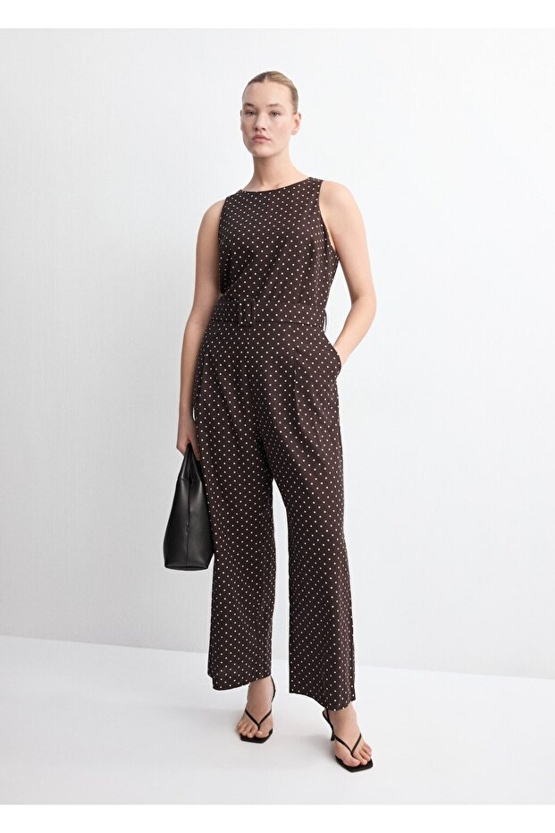 Puantiyeli kemerli keten tulum - 8