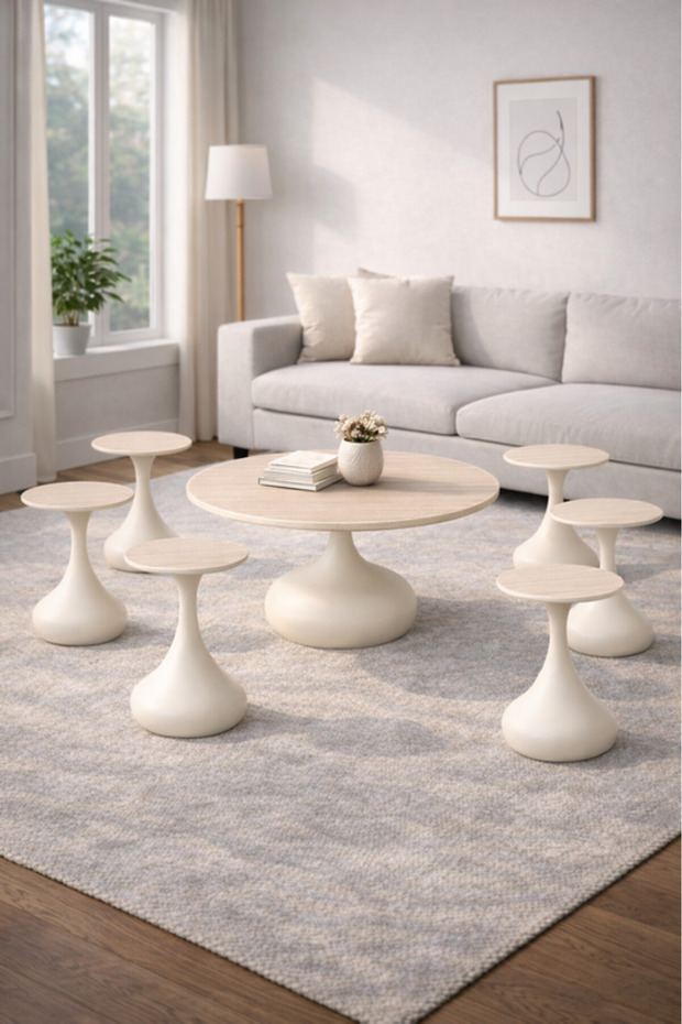 Round Beige Coffee Table Set with 6 Side Tables 80 × 80 × 48 cm
