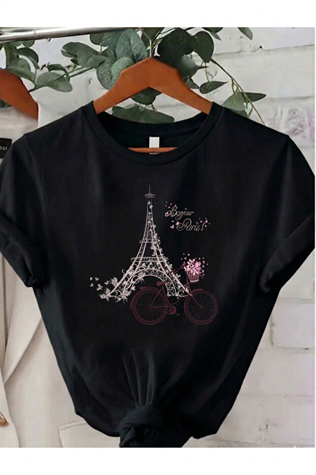 Unisex Black Eiffel Printed Crew Neck T-Shirt
