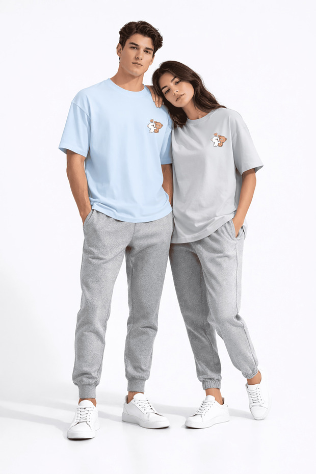 Dear Couple Teddy Bear Printed Pair T-Shirt Oversized Unisex Partner Combination Set
