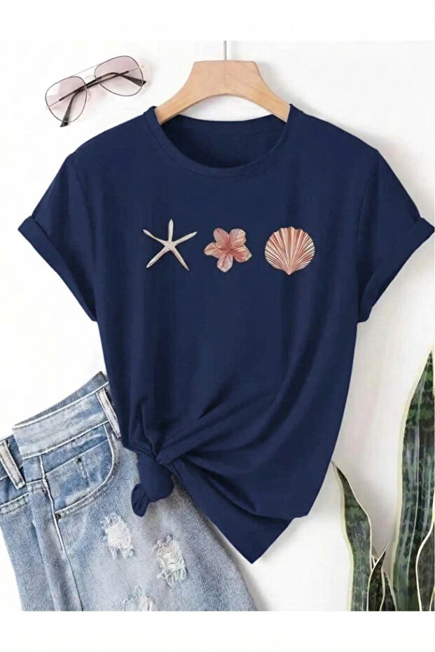 Trend Sizde Unisex Lacivert Deniz Yıldızı Baskılı Bisiklet Yaka Tişört