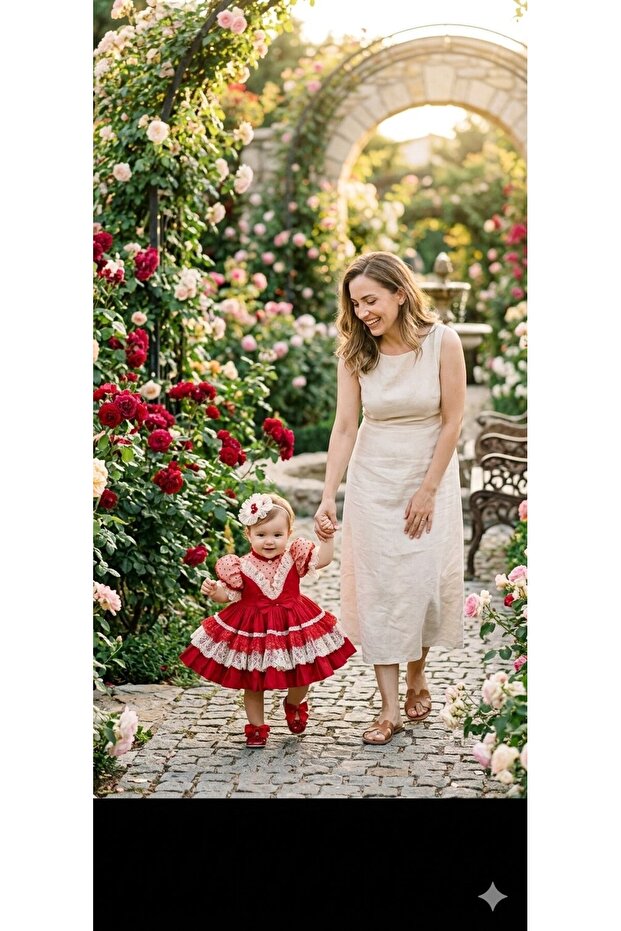 Red Puffy Ruffle Dress Eyelet Embroidery