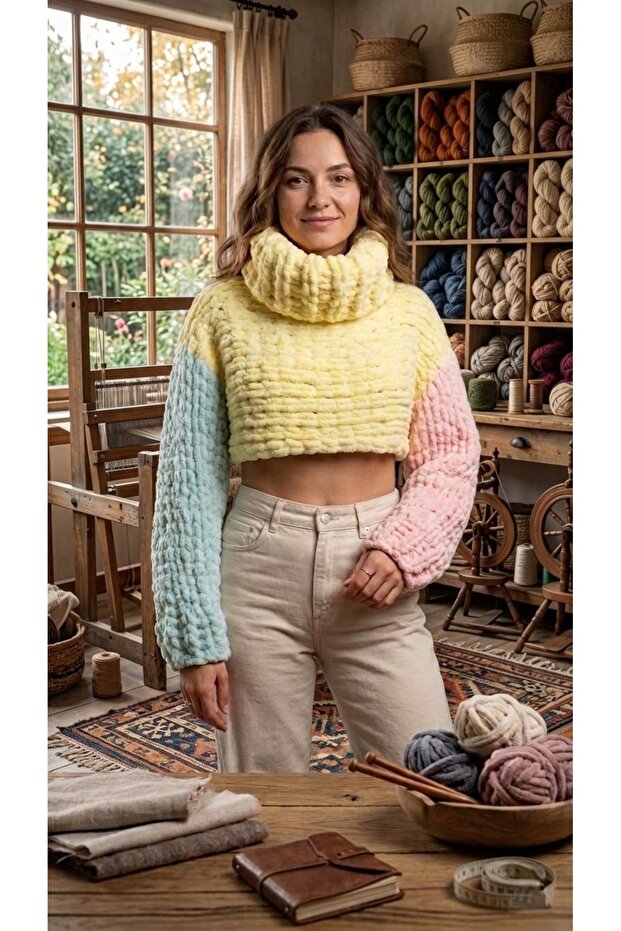 Knitted puffy chunky crop throat sweater, bolero
