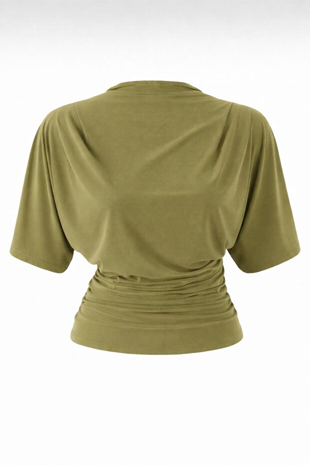 Women's Oil Green Fitted Bat Sleeve Stretchy Knitted Blouse 0067