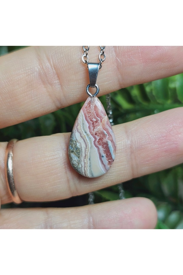 Rodokrozite Steel Chain Natural Stone Necklace-7- (Handmade Design Products)