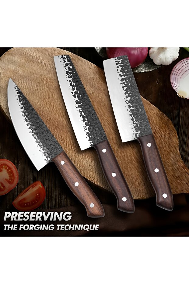 3-Piece Hand Forged Kitchen Knife Set, High Carbon Steel Chef Utility Vegetable Knives