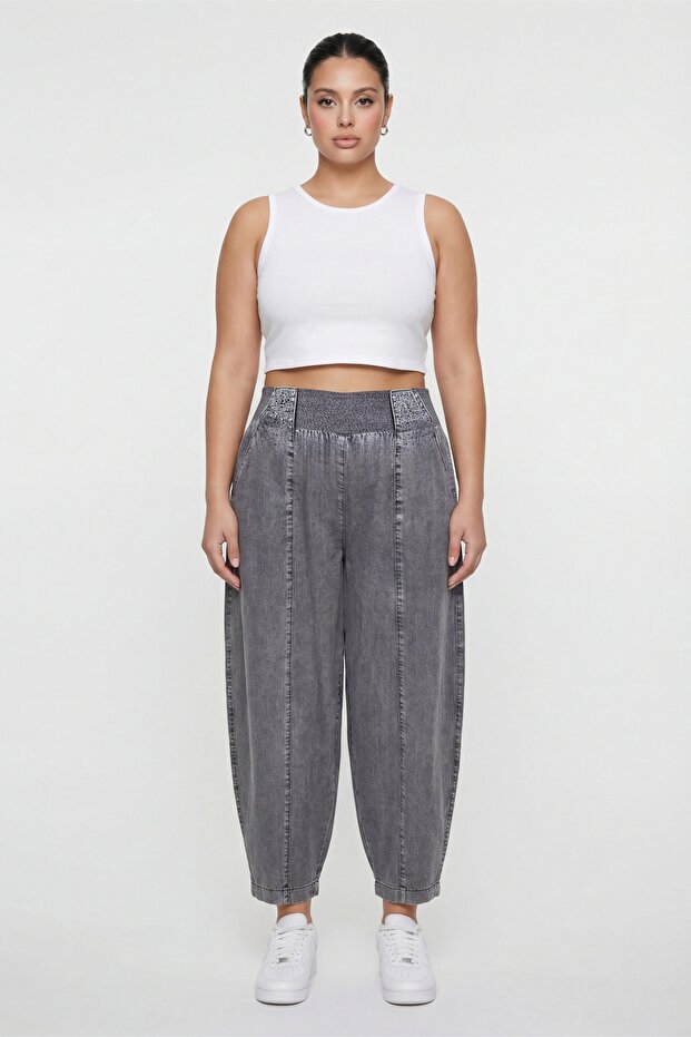 Women's Black Summer Pants with Elastic Waist and Ribbed Stones, Special Design Shalwar Denim Trousers