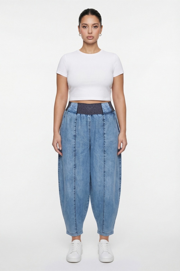 Women's Navy Blue Summer Shalwar Denim Pants with Elastic Waist and Ribbed Stones, Special Design
