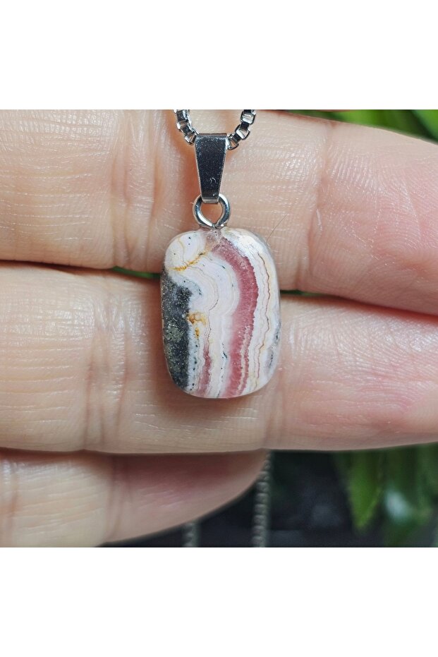 Mini Rodokrozite Steel Chain Natural Stone Necklace-16- (Handmade Design Products)