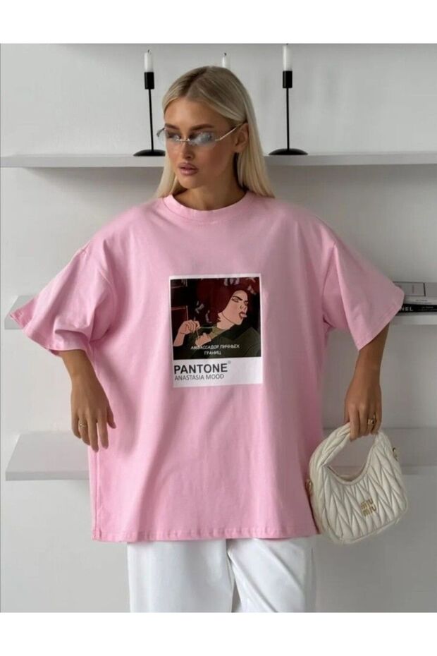 Pantone Printed Pink Women's Oversized T-Shirt