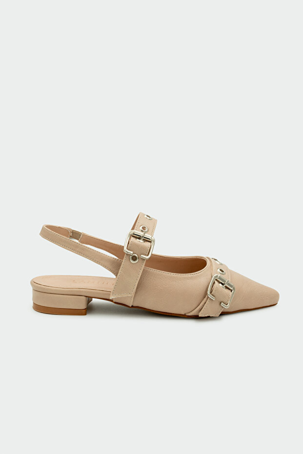 Round Buckle Detail Pointed Toe Women's Nude Ballet Flats