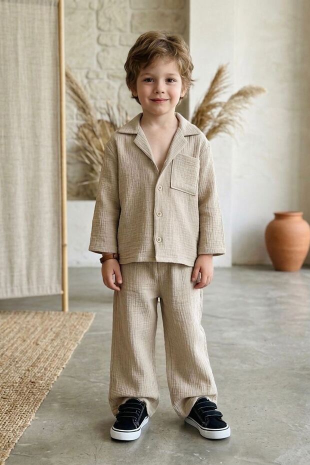 Miniğimin Cicileri Muslin Shirt Collar Piece Basic Pants Boys' 2-Piece Set - Beige