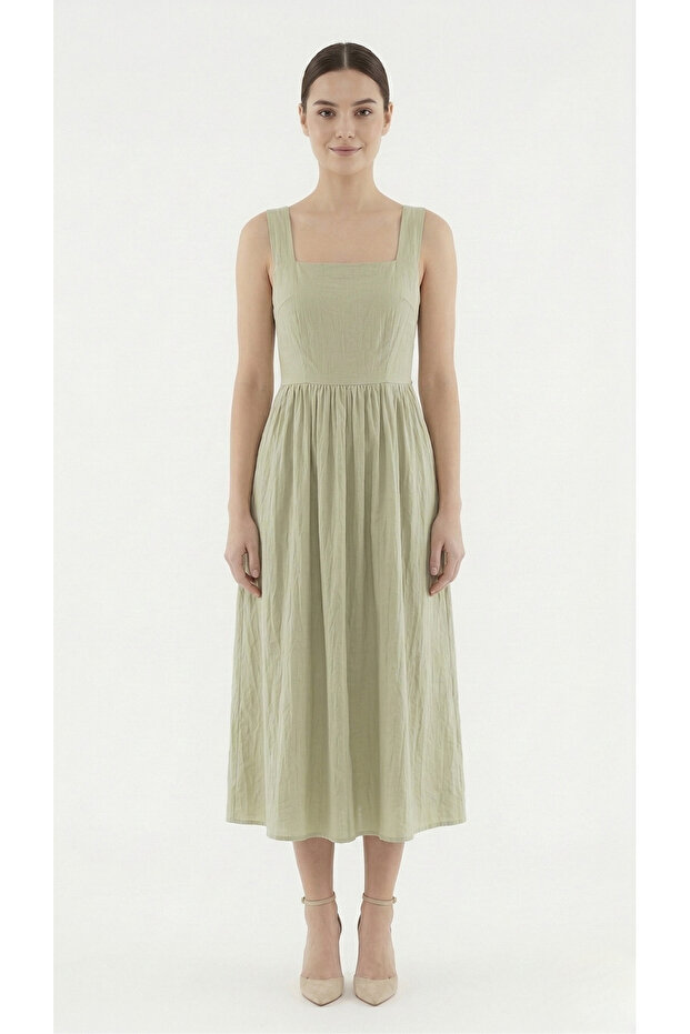 Square Neck Waist Length Midi Dress Ruched Cotton