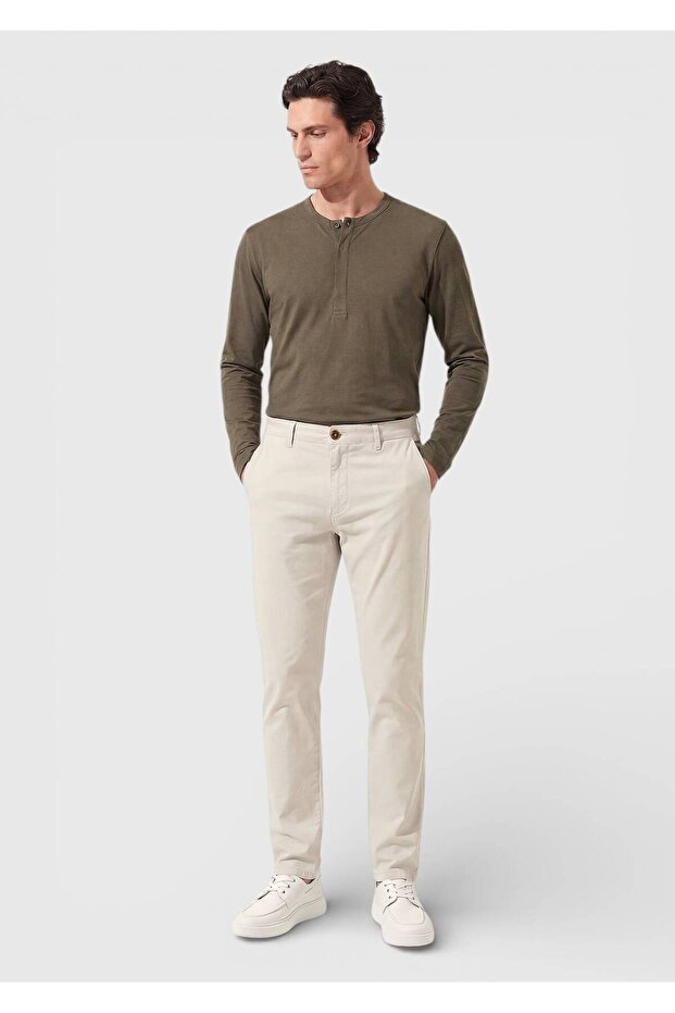 Beige Plain Woven Regular Fit Casual Cotton Blended Trousers