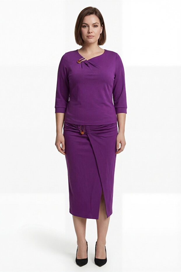 Women's Purple Summer Dress with Slit Detail and Accessories Top and Bottom Set