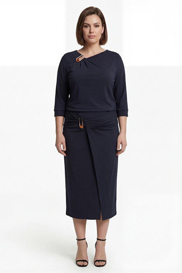 Women's Navy Blue Summer Dress with Slit Detail and Accessories Top and Bottom Set