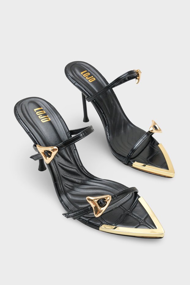 Women's Pointed Toe Gold Buckle Detail Daily Heels Slipper Stella Black Crocodile