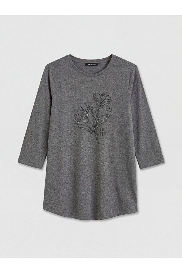 Lcwaikiki Classic Anthracite Crew Neck Printed Blouse