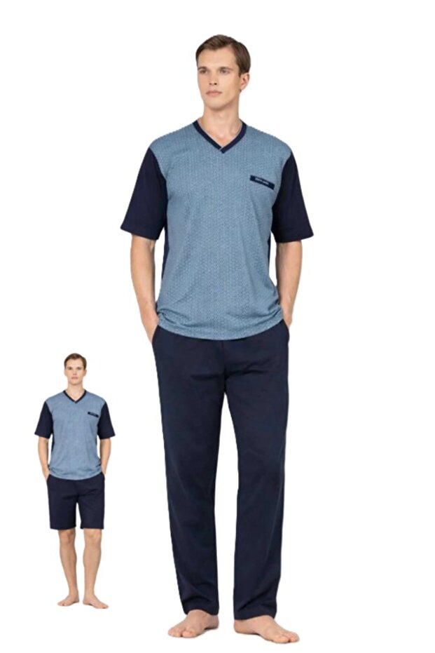 Men's 3-Piece Short Sleeve V-Neck Jacquard Combed Cotton Pajama Set (Boxed Product)