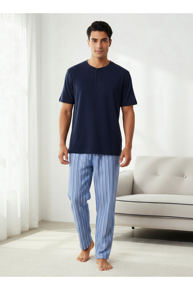 Men Cotton Striped Button Front Nightwear Set