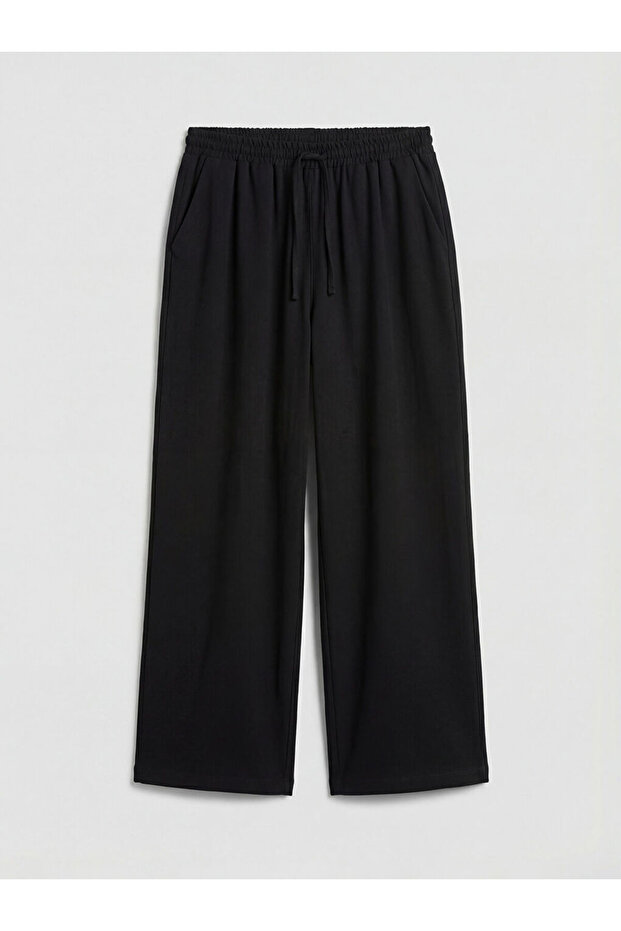 Xside Black Elastic Waist Linen Blended Women's Trousers