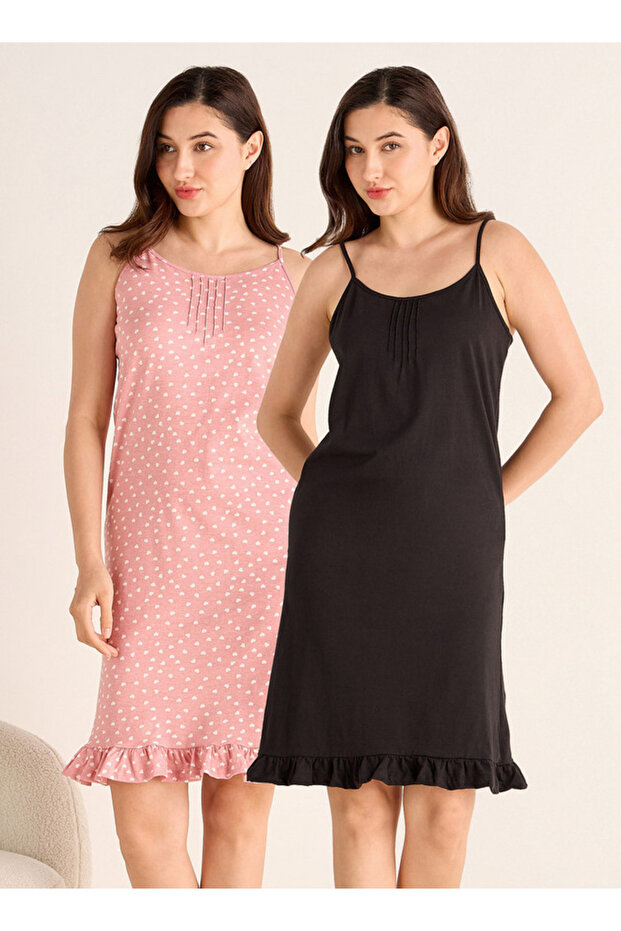 Set of 2 - Midi Slip Dress Strappy Ruffled Hem Cotton