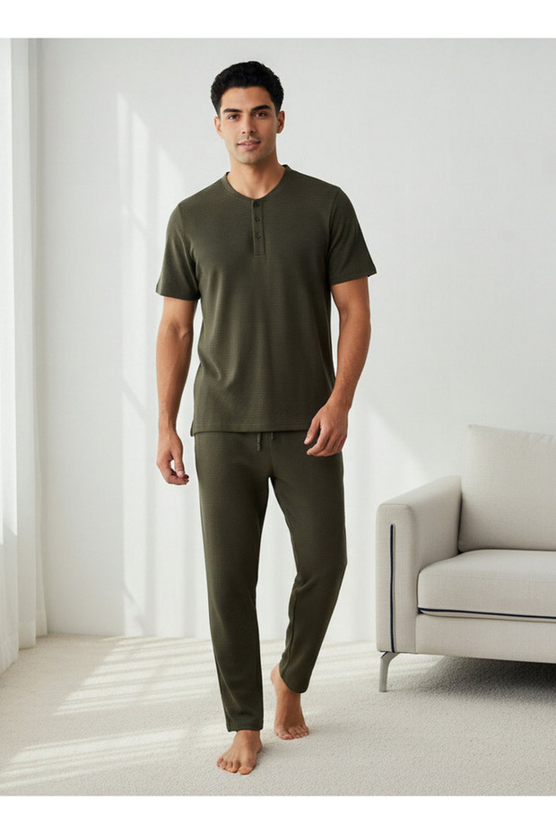 Men Cotton Waffle Textured Henley Neck Nightwear Set