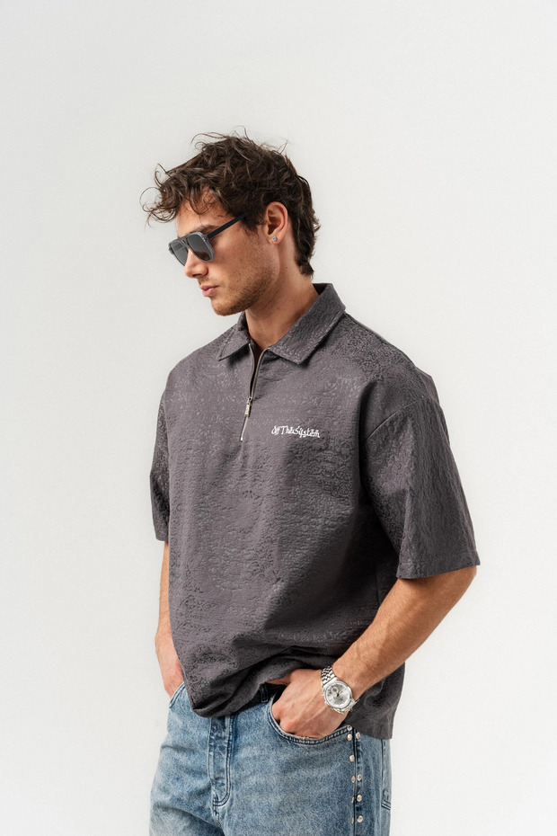 Shadezia Zipper and Embroidery Detailed Polo Collar Oversized T-Shirt
