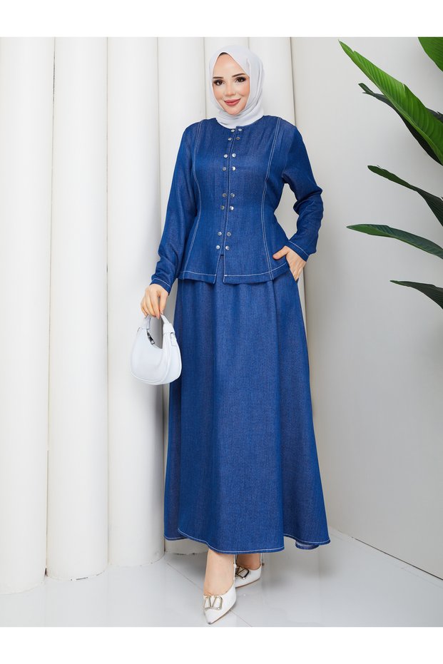 Denim Denim Snap Fastener Shirt & Pocketed Skirt Hijab Set Rc9026