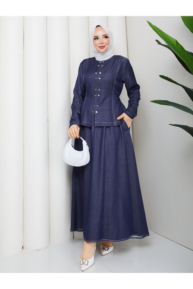 Denim Denim Snap Fastener Shirt & Pocketed Skirt Hijab Set Rc9026