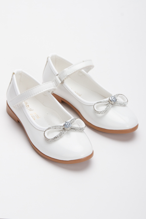 White Color Girls' Ballet Flats Shoes with Stones and Bow Children's Ballet Flats Girls' Orthopedic White Shoes
