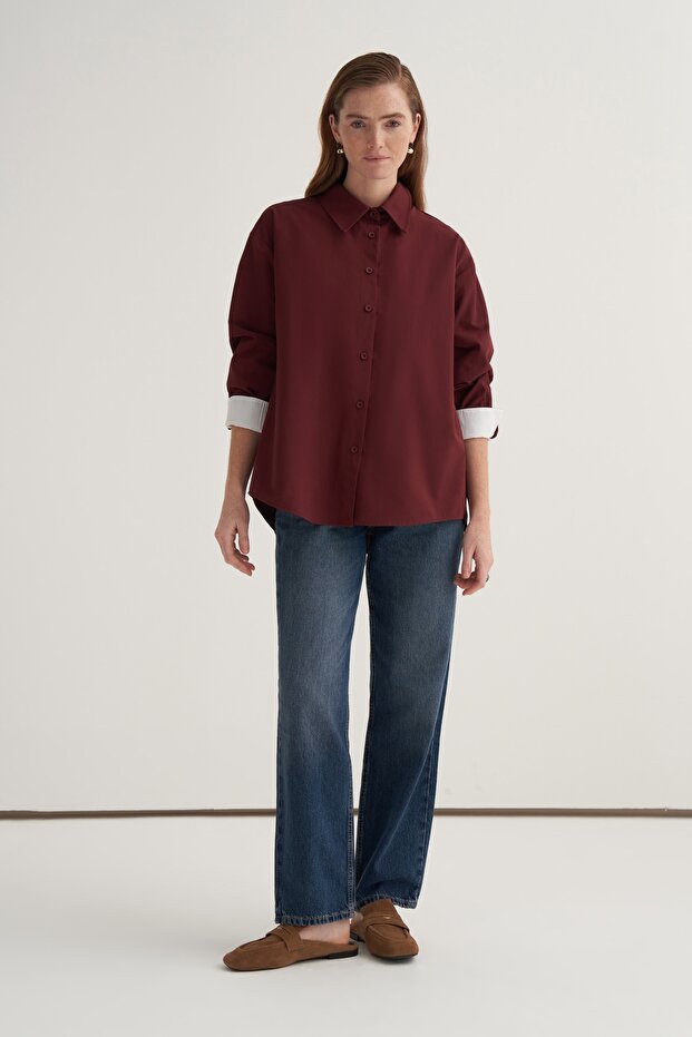 Women's Poplin Contrast Cuffed Shirt Burgundy