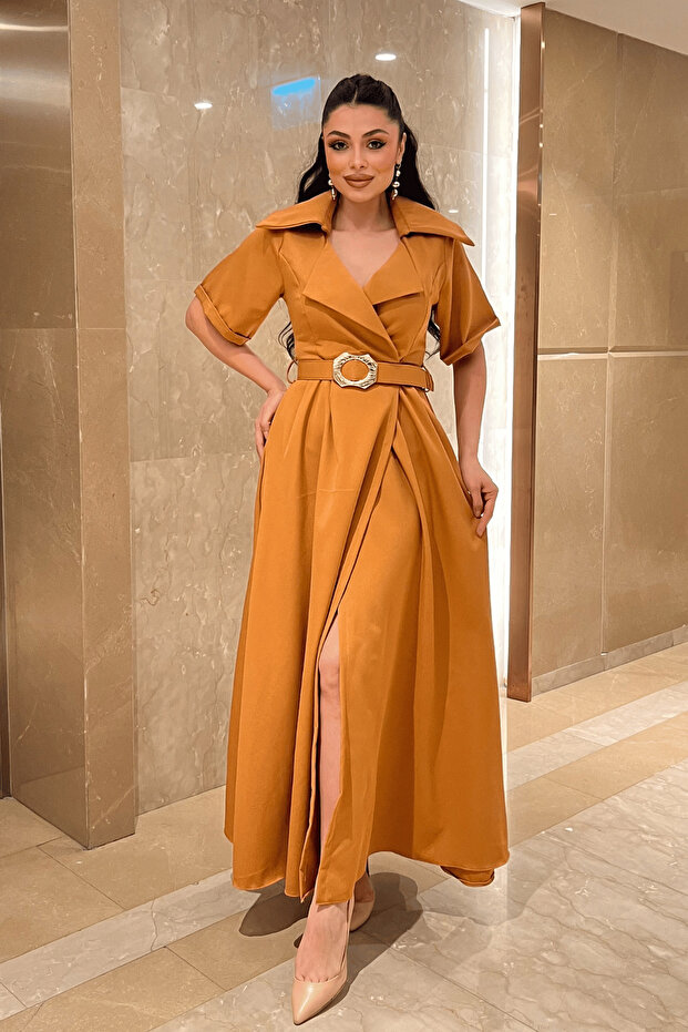Crepe Fabric Double-Breasted Collar Belt Piece Dress - Tile