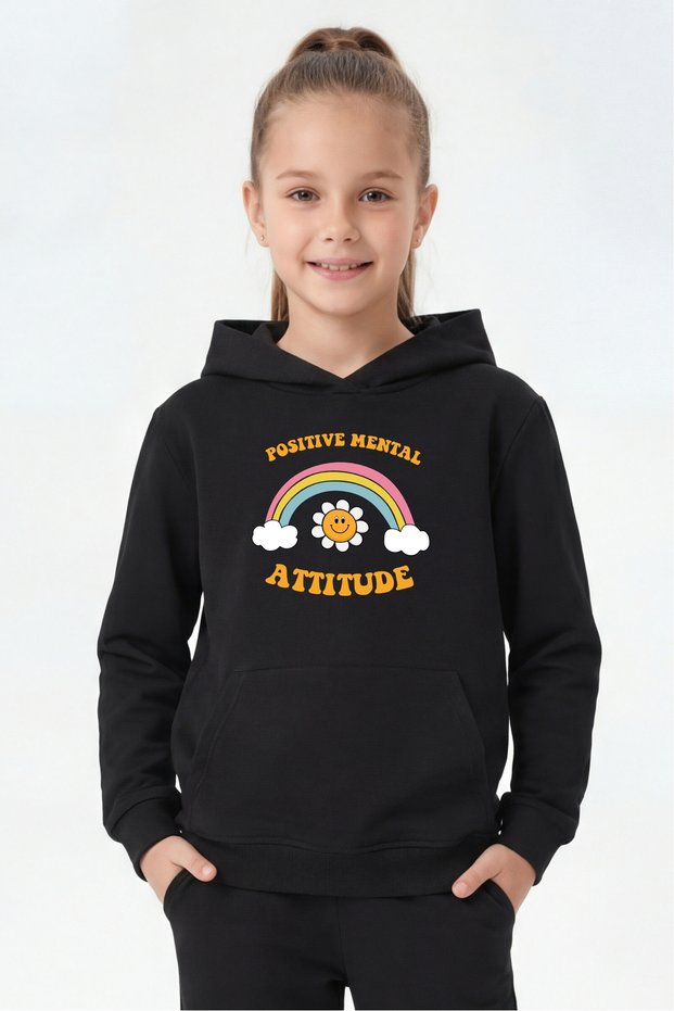 Kangaroo Pocket Hooded Girls' Sweatshirt with Print Detail
