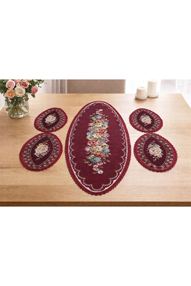 طقم ساراي سيريز شينيل مفرش طاولة طويل وسوبرا (1 قطعة 40x100، 4 قطع 20x35)