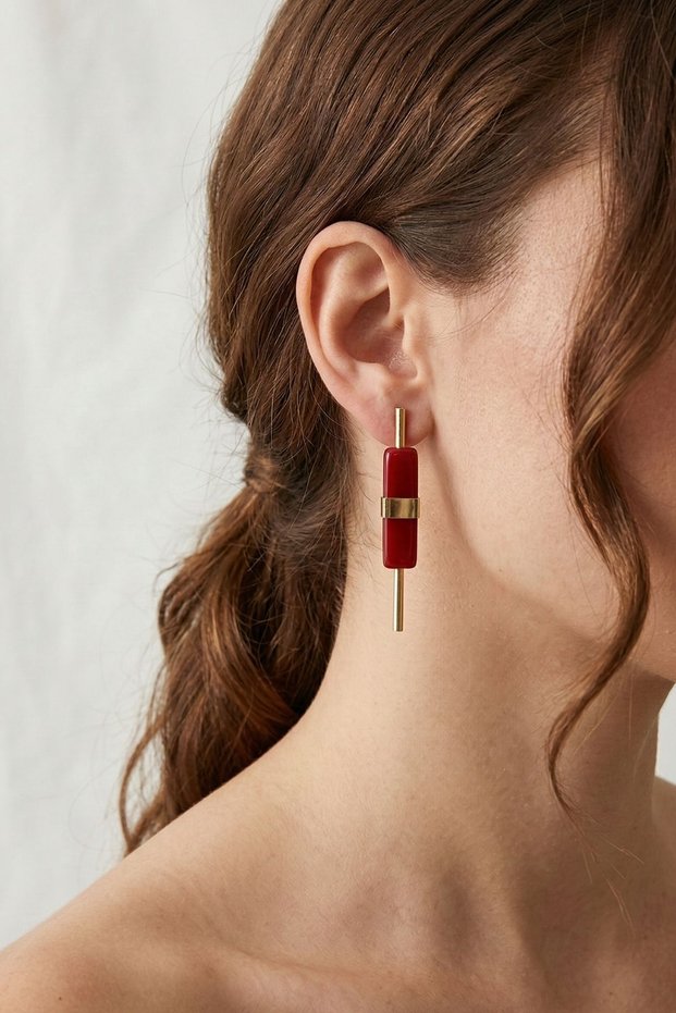 Women's Steel Gold Red Color Geometric Bar Earrings