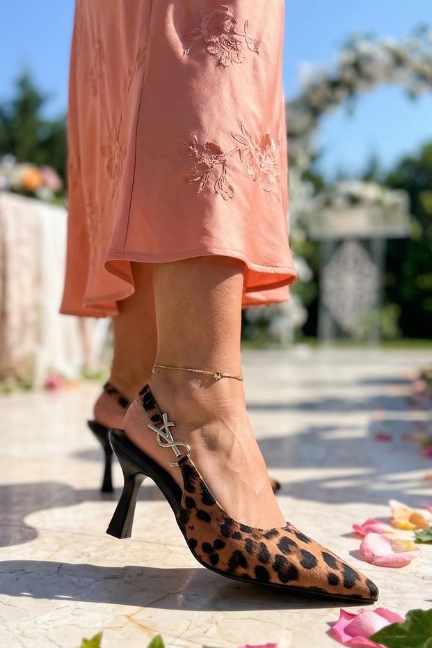 Women's Leopard Printed Li Gold Buckled Goblet Heeled Open Back Evening Dress Shoes (Size 41-42)