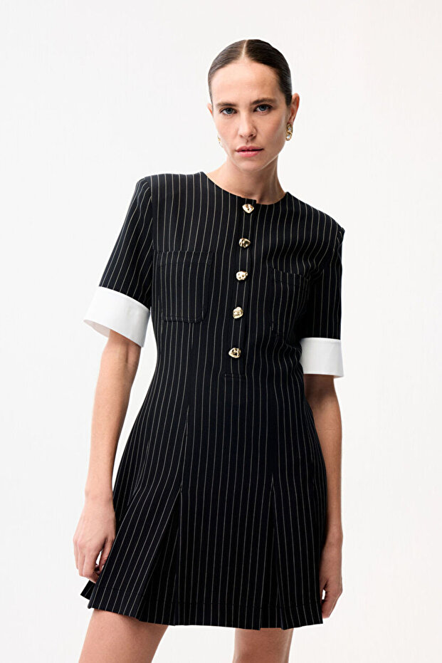 Önü Düğmeli Mini Elbise - 1