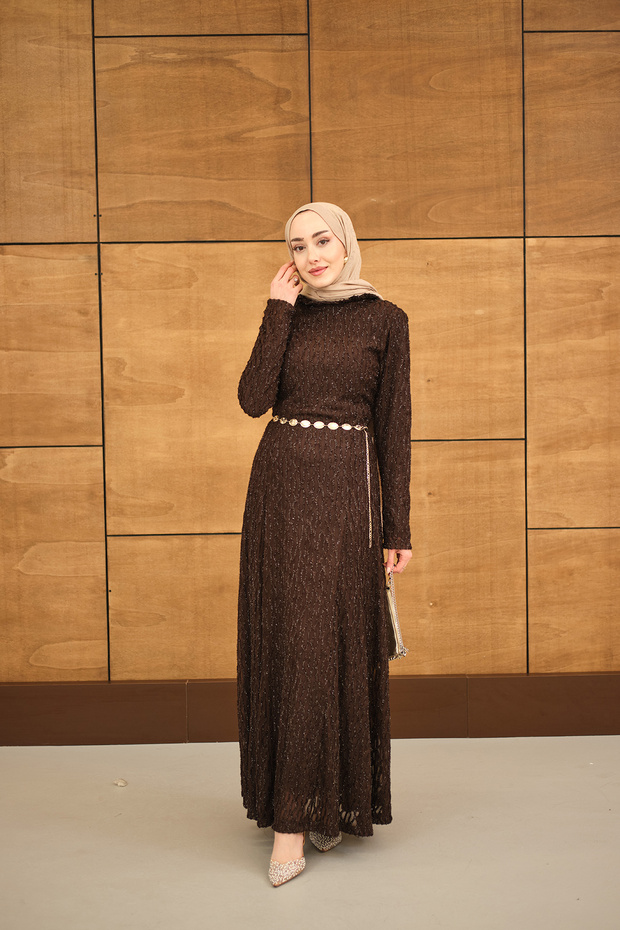 Women's Sim Detail Self Patterned Gold Belt Piece Dress Brown
