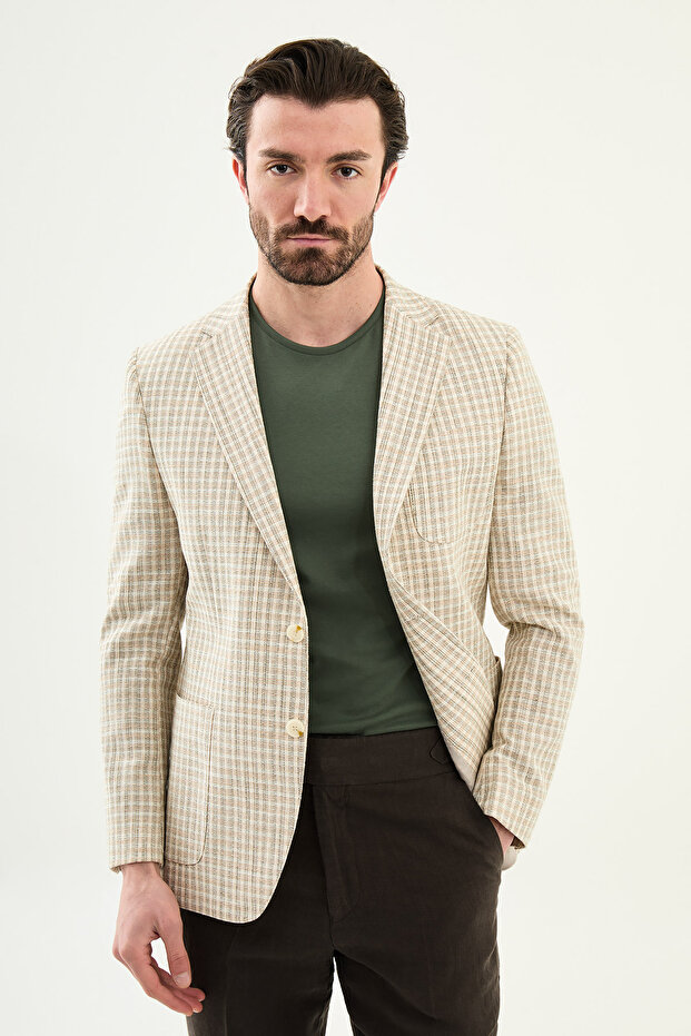 بنقش مربعات قصة ضيقة سترة رجالية بجيب على شكل حرف Y Mono Collar Jacket كاكي - 41485.26Y