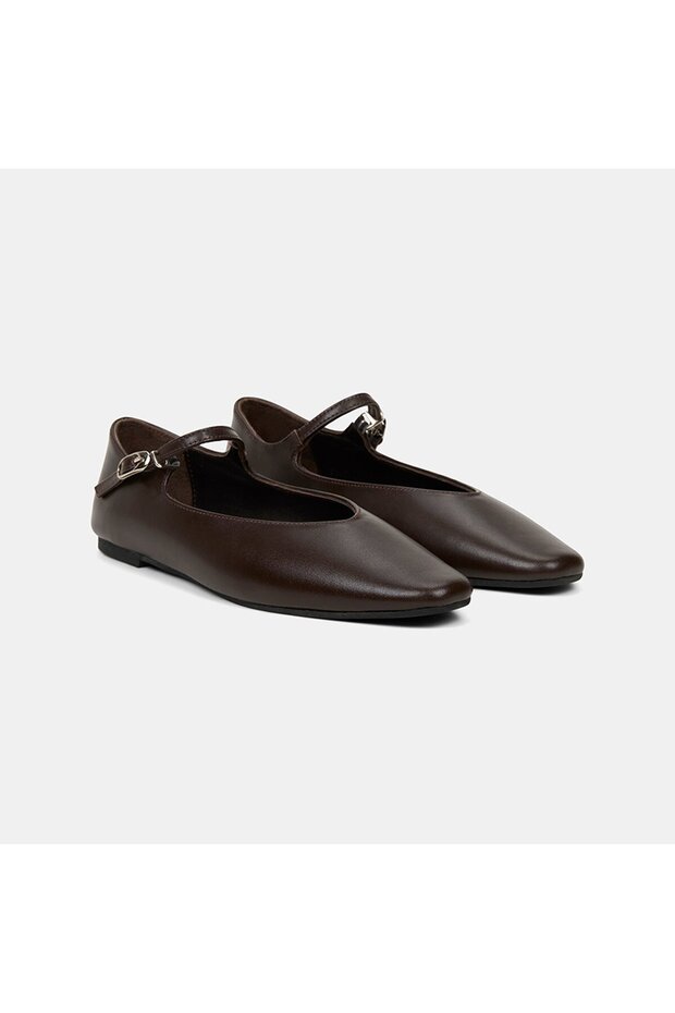 Women's Bitter Brown Adjustable Metal Buckle Piece Set Mary Janes Leather Ballet Flats