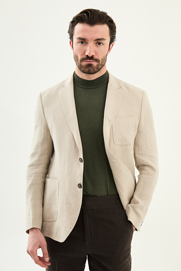 Plain Slim Fit Mono Collar Pocket 100% Linen Men's Jacket Beige - 41487.26Y