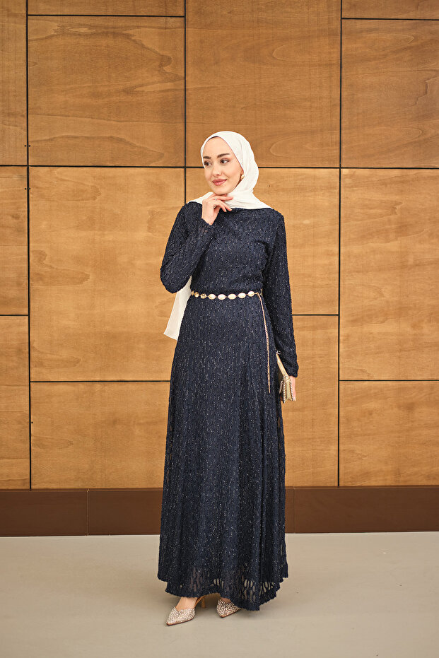 Women's Sim Detail Self Patterned Gold Belt Piece Dress Navy Blue