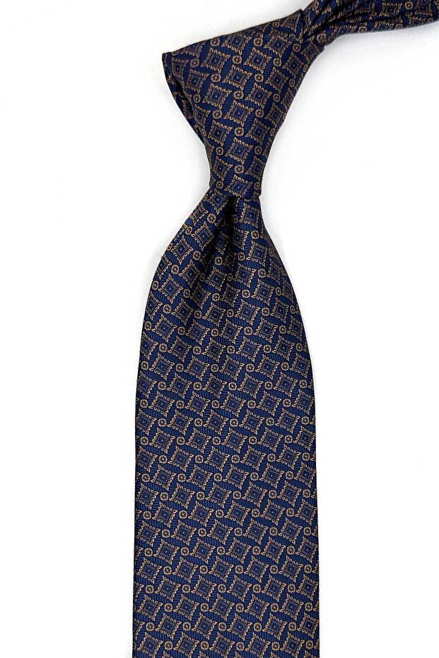 Yellow - Navy Blue Motif Pattern Classic Tie with Handkerchief Kk13466